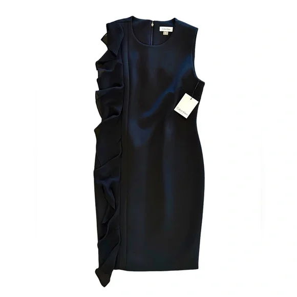 calvin klein black ruffle dress Calvin Klein Women's Sleeveless Midi Sheath with Ruffle Hem Dress, Black, 6 at Amazon Women's Clothing store